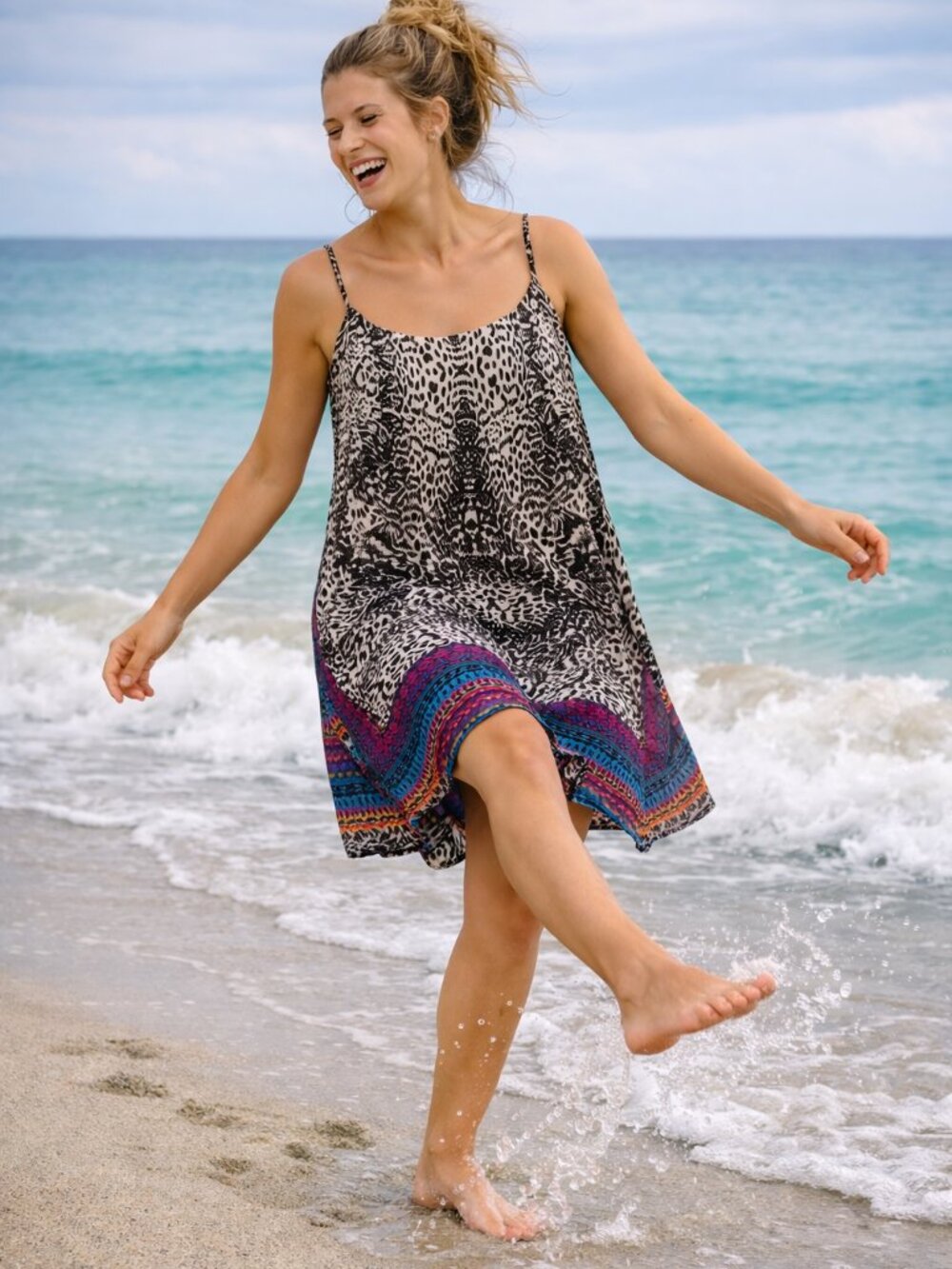 Animal print colourful spaghetti strap scarf dress